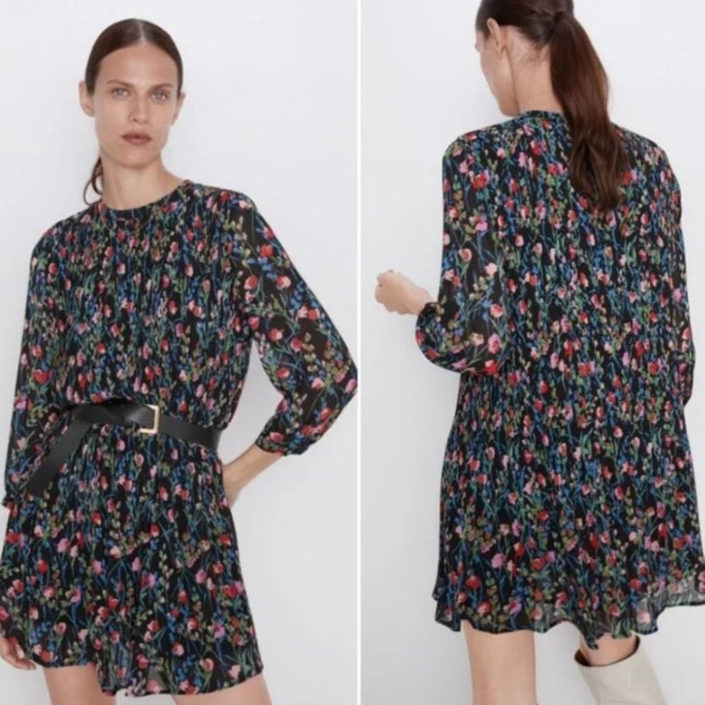 Zara Black Pink Floral Pleated Flowy Long Sleeve Dress
